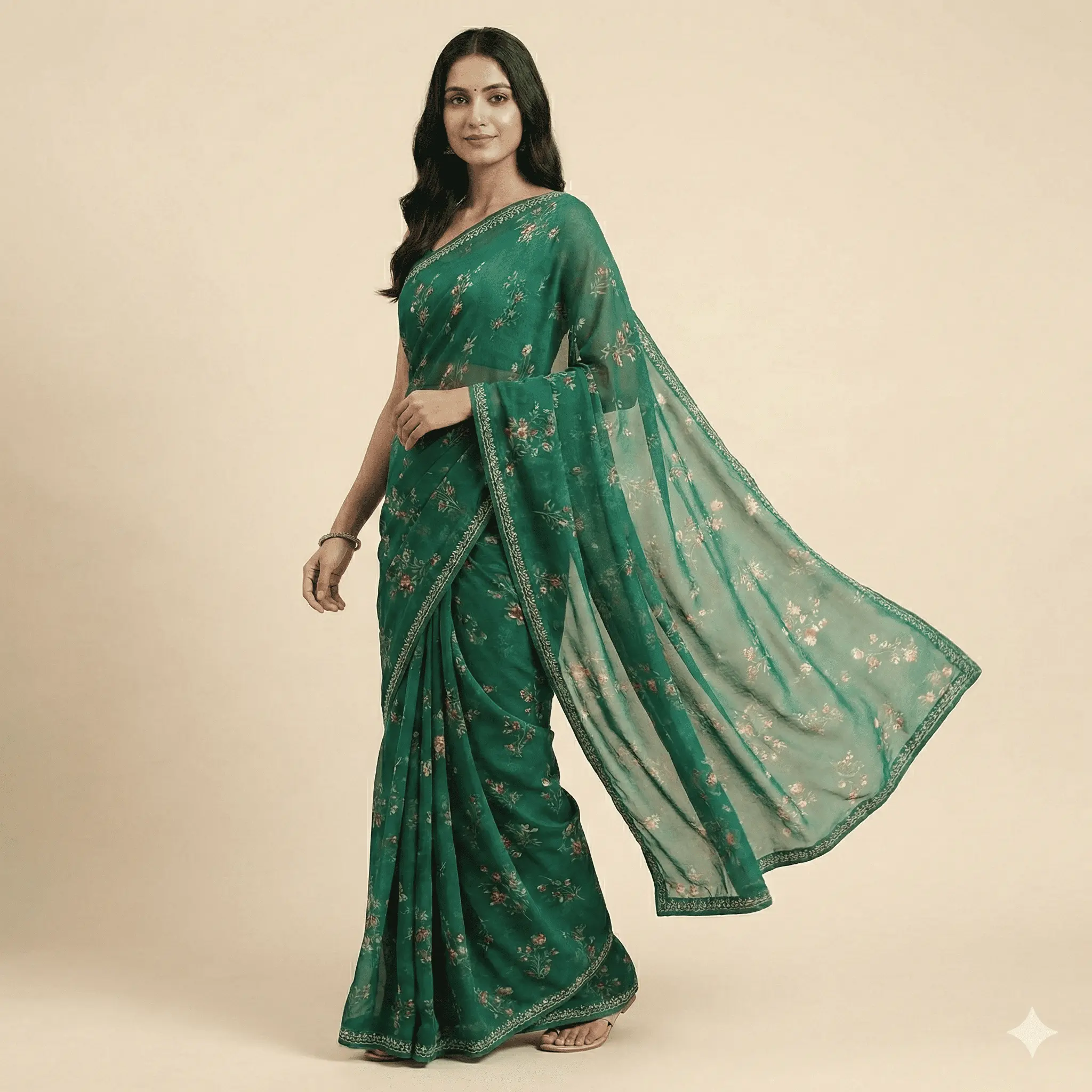 Forest Green Floral Georgette Saree
